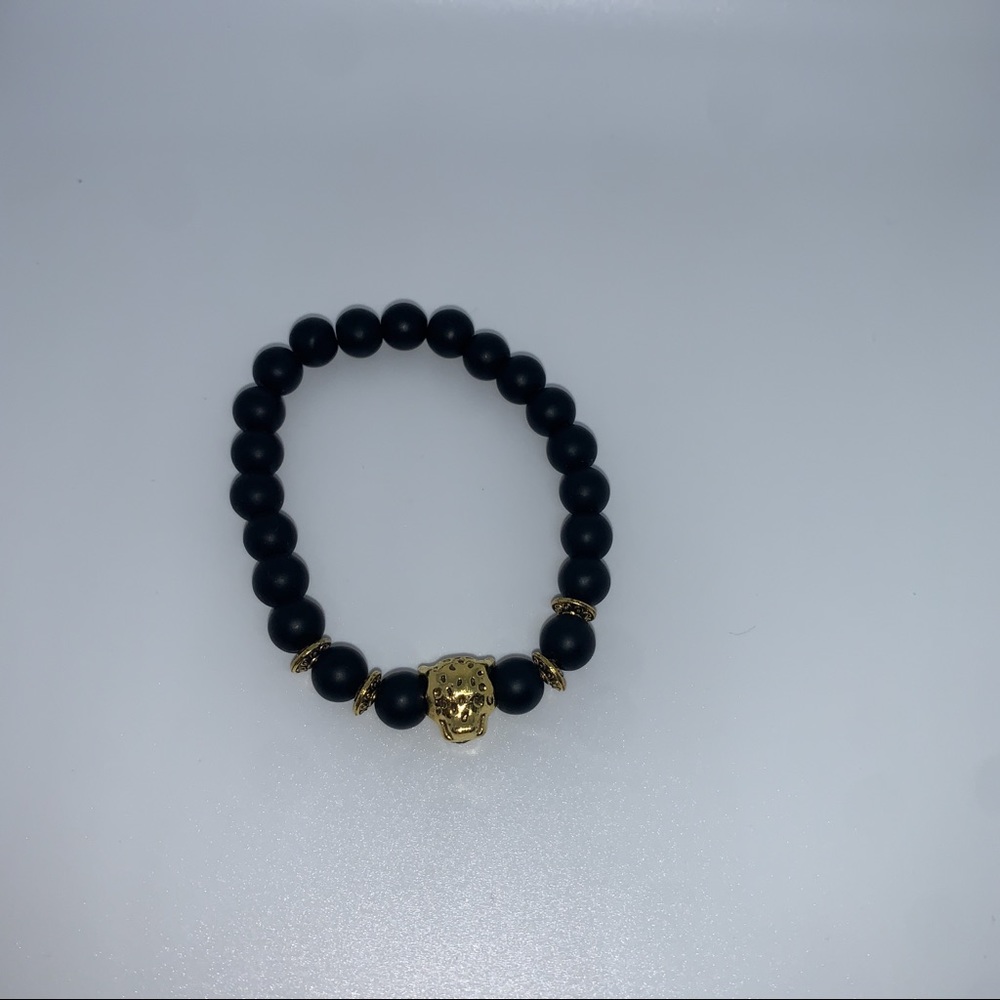 Black Beaded Bracelet With Gold Leopard
